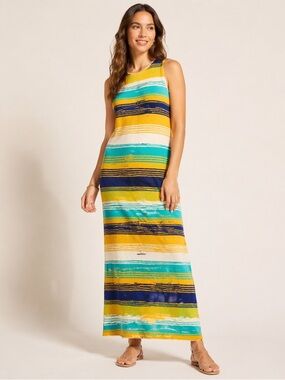 Minnie Rose sleeveless maxi dress striped yellow blue NWT